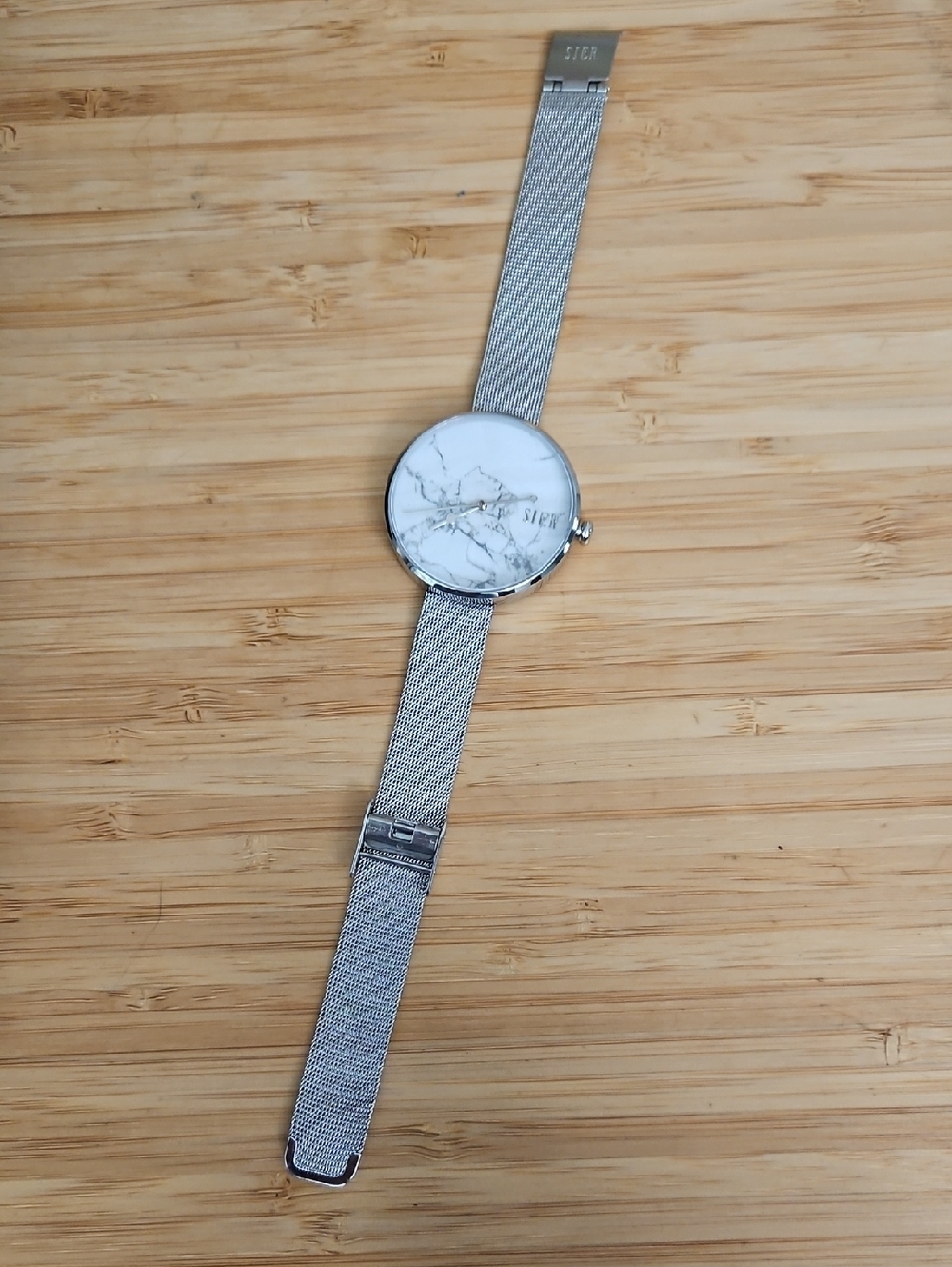 SIER Silver Mesh Bracelet Watch with White Marble Dial